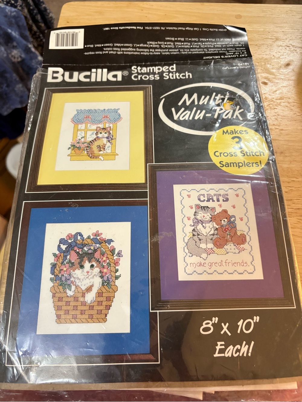 Bucilla stamped cross stitch package makes 3 cat samplers no thread included